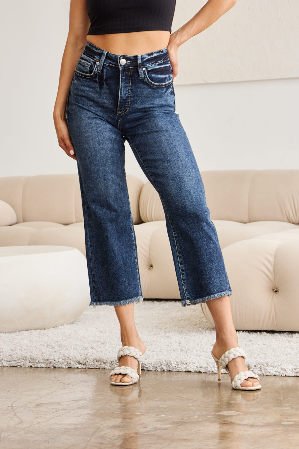 RFM Tummy Control High Waist Raw Hem Distressed Jeans