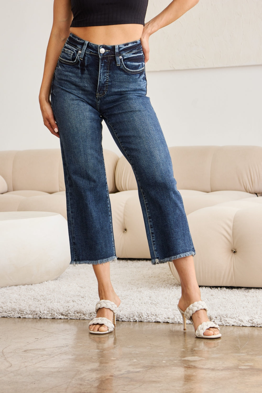 RFM Tummy Control High Waist Raw Hem Distressed Jeans