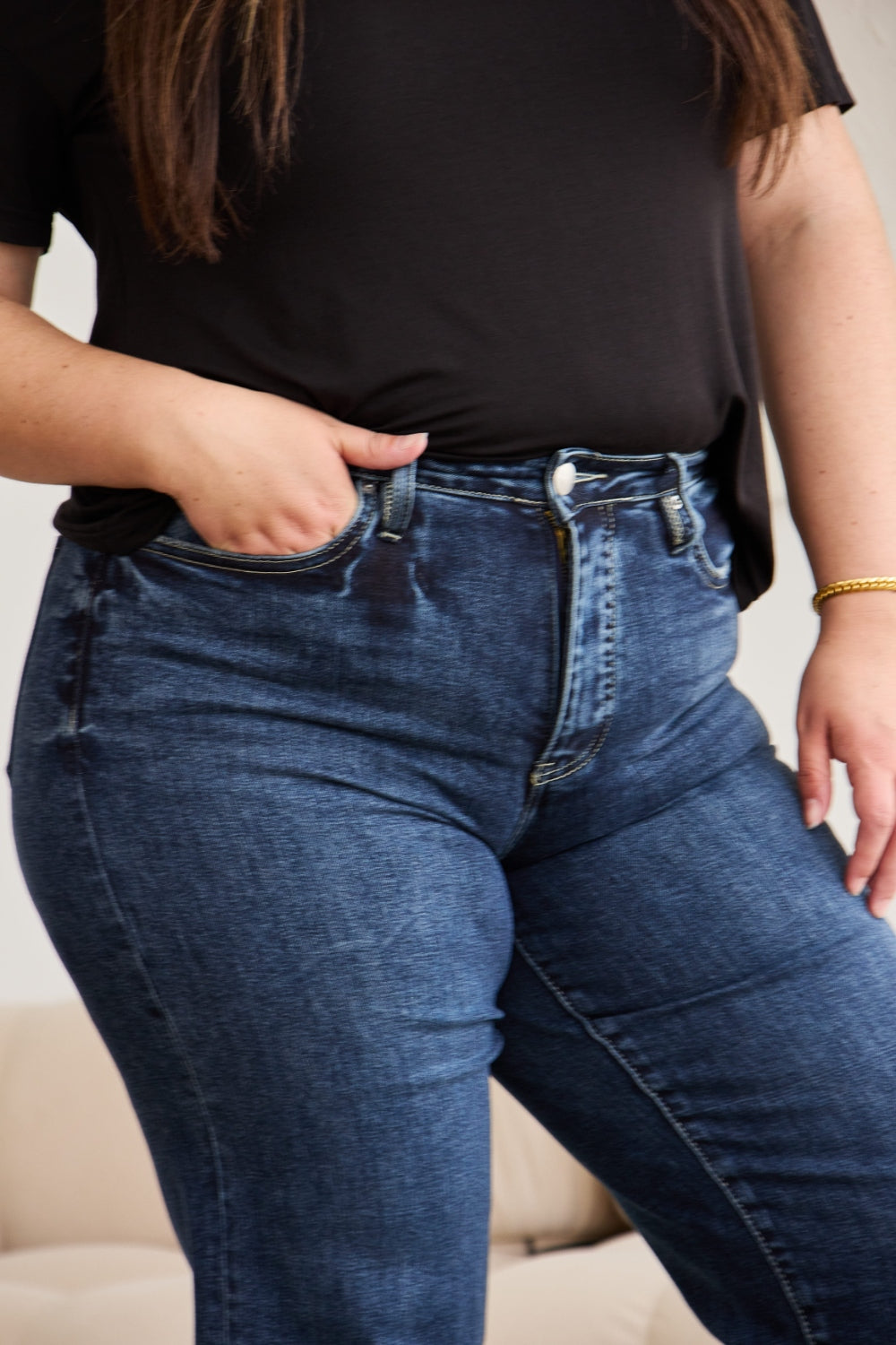 RFM Tummy Control High Waist Raw Hem Distressed Jeans