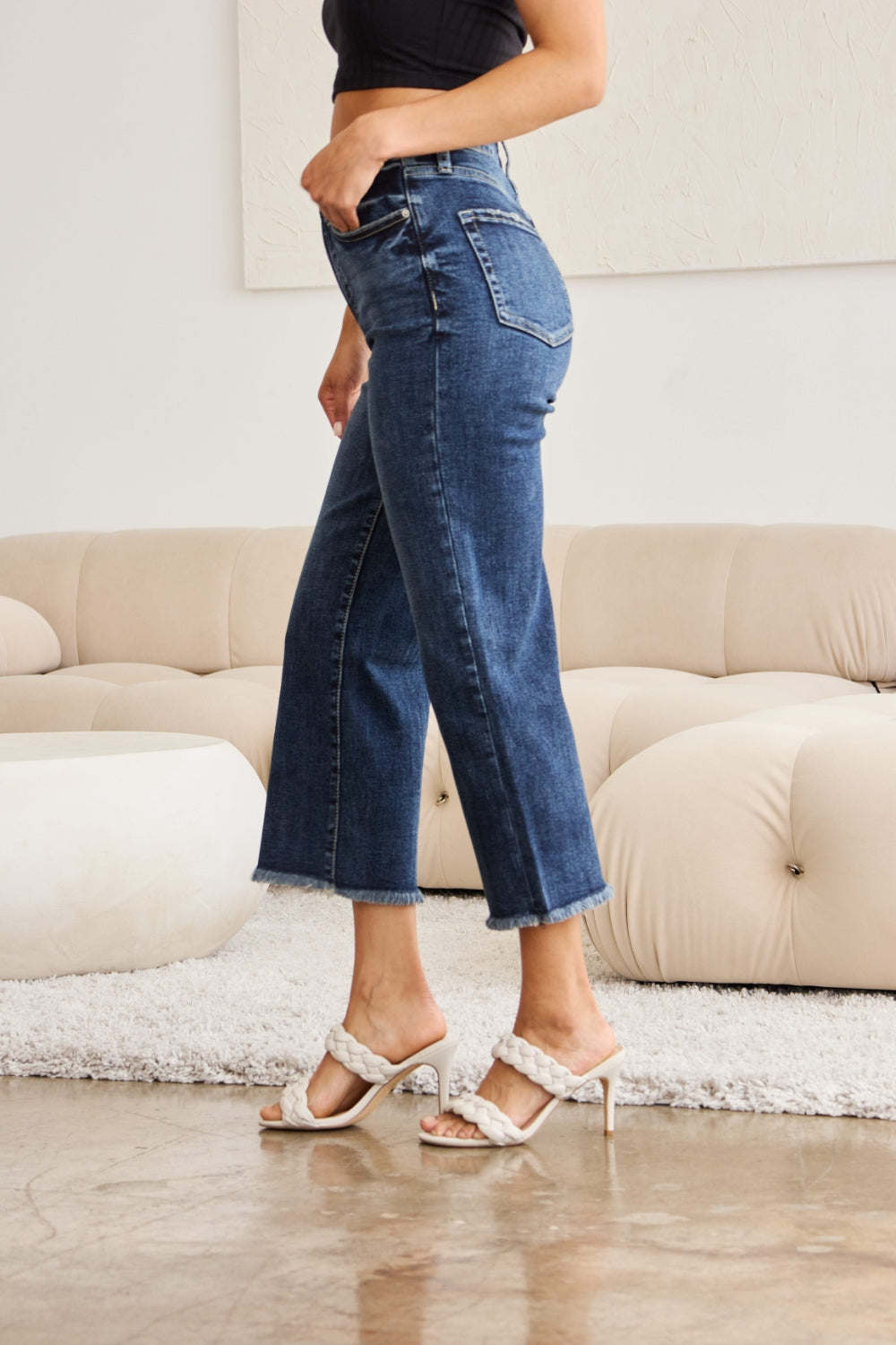 RFM Tummy Control High Waist Raw Hem Distressed Jeans