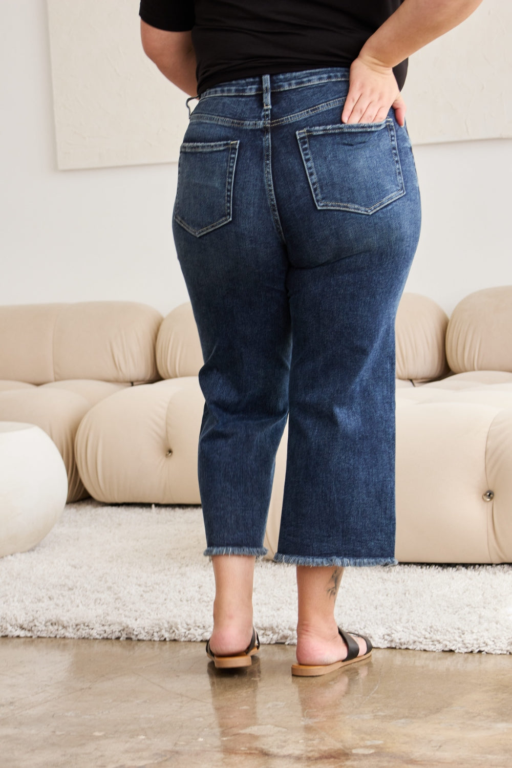 RFM Tummy Control High Waist Raw Hem Distressed Jeans