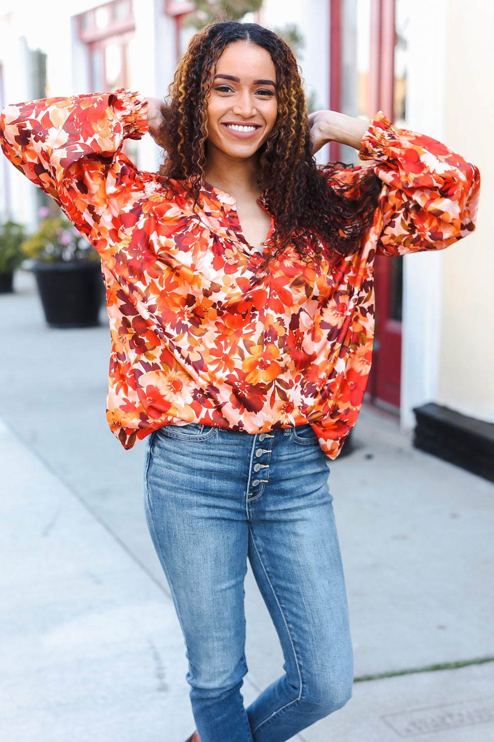 Fall Vibes Rust Floral Print Notched Neck Smocked Satin Top