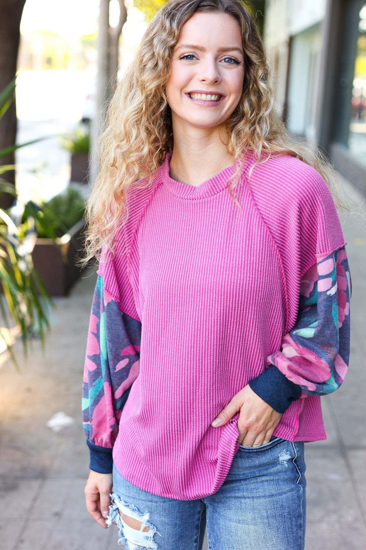 Weekend Ready Magenta & Navy Floral Mineral Wash Rib Dolman Top