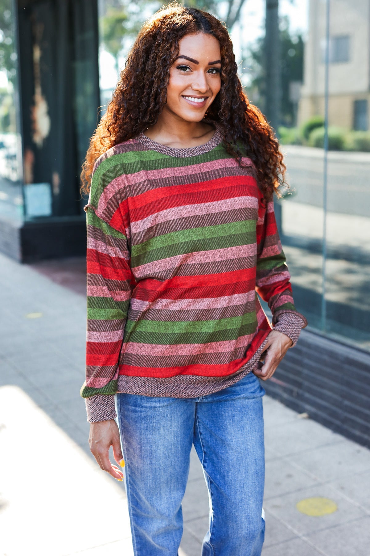 Perfectly You Olive & Mauve Stripe Two-Tone Banded Sweater Top