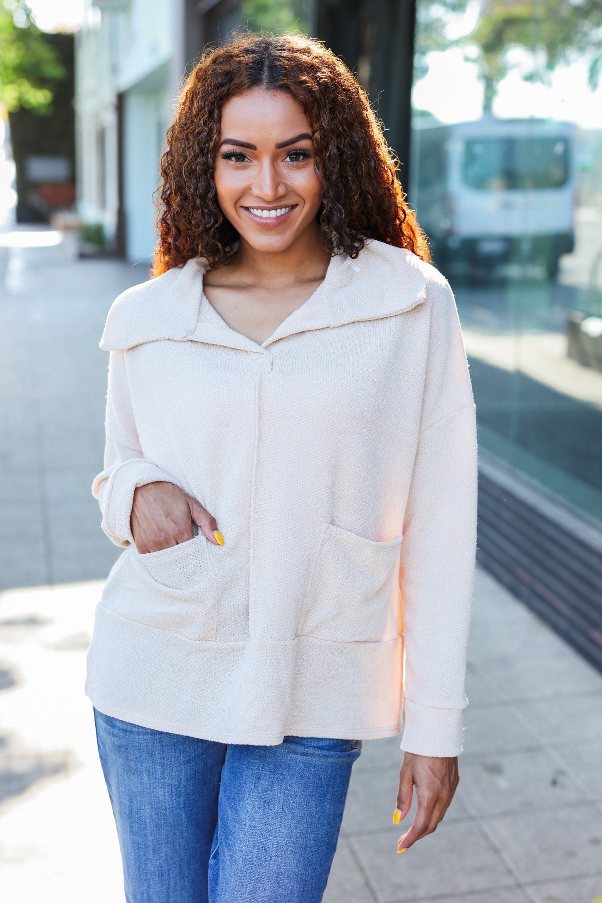 Easy Living Oatmeal Textured Knit Notch Neck Oversized Collar Sweater