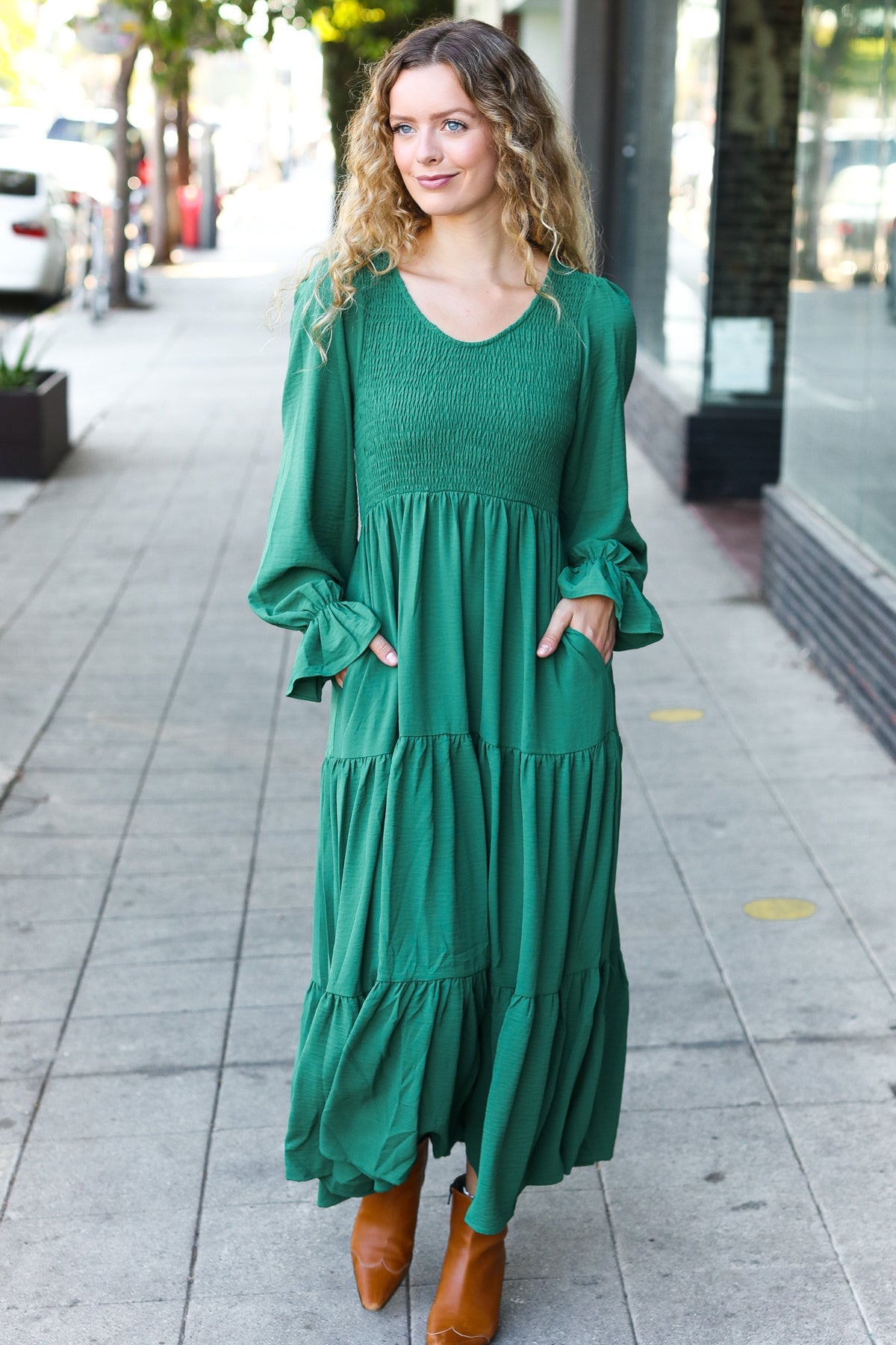 Beautiful You Green Smocked Ruffle Sleeve Maxi Dress