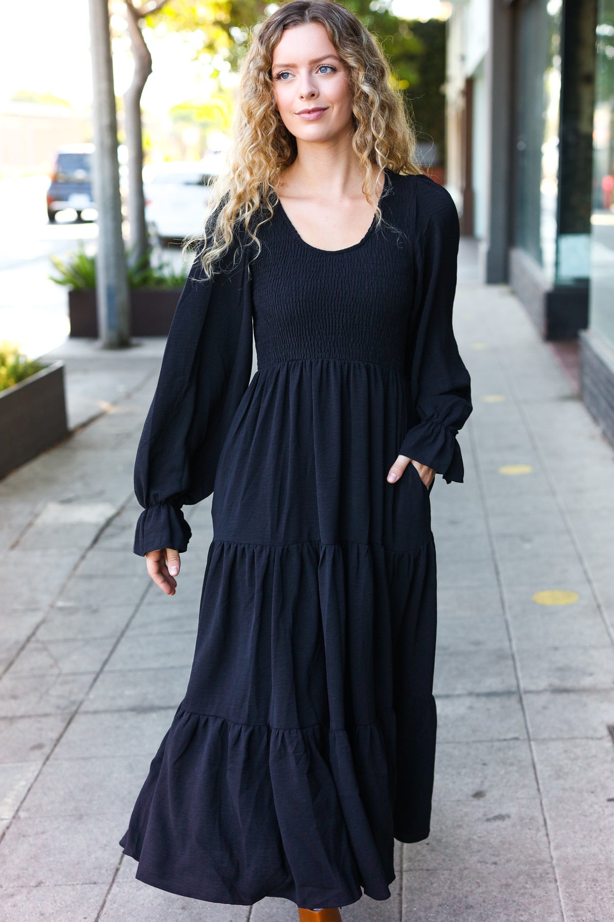 Beautiful You Black Smocked Ruffle Sleeve Maxi Dress