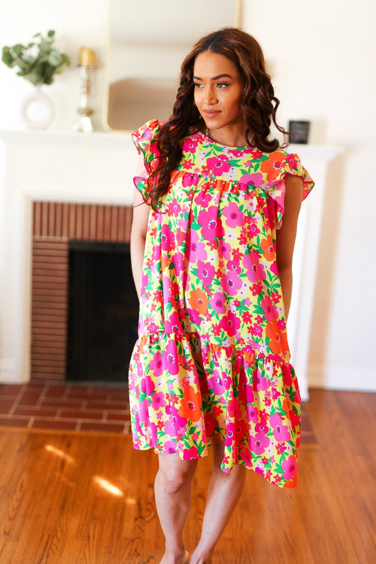 Be Charming Lime & Pink Floral Print Tiered Ruffle Sleeve Dress