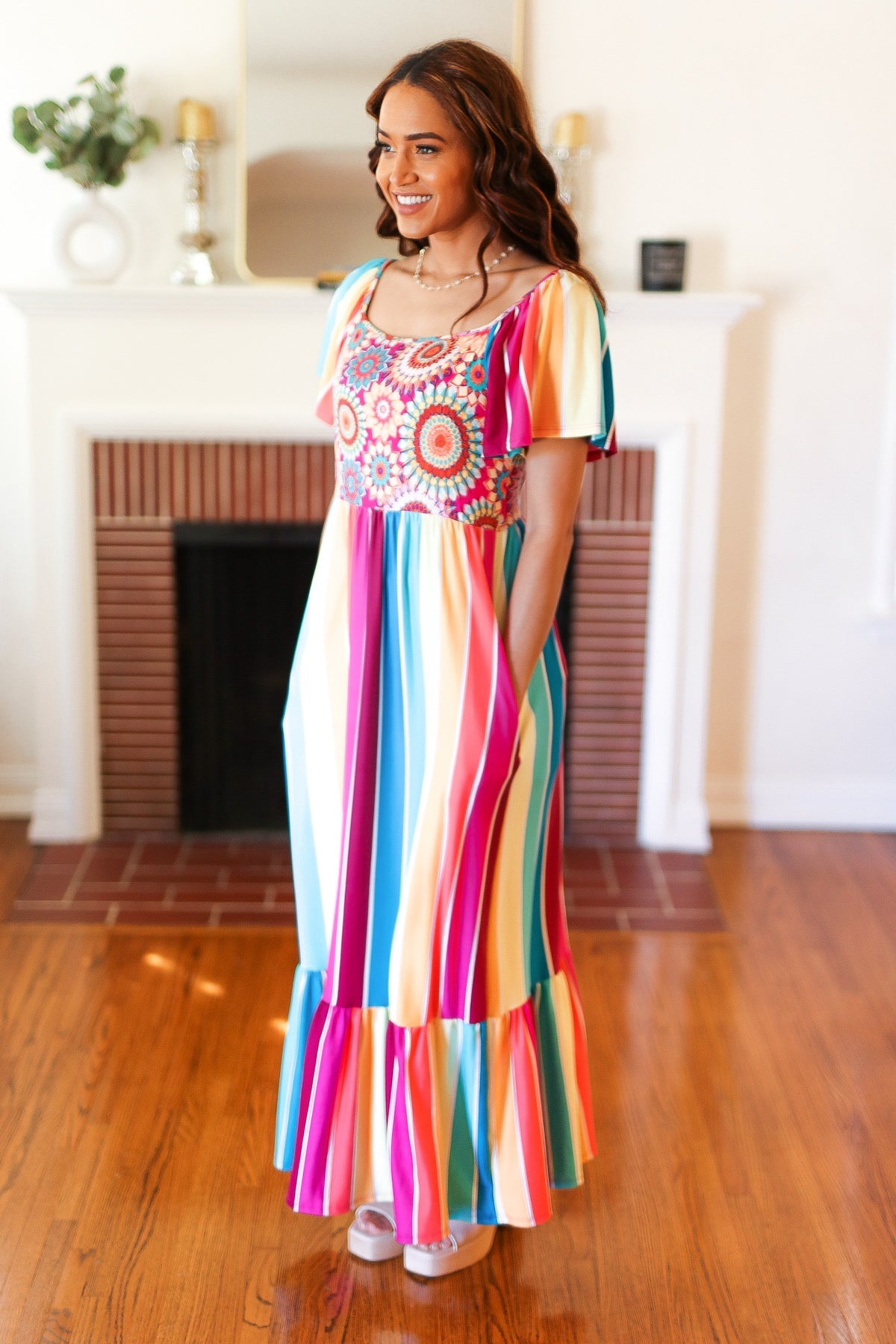 Feeling Bold Fuchsia & Teal Striped Medallion Crochet Print Top