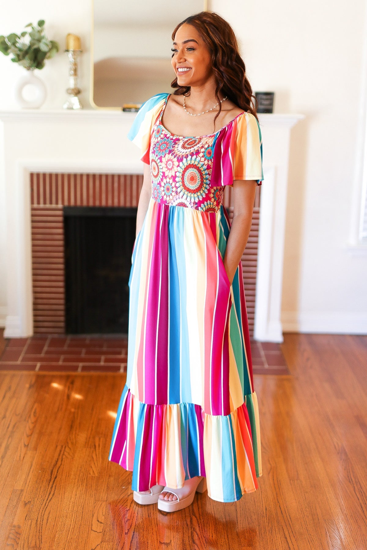 Feeling Bold Fuchsia & Teal Striped Medallion Crochet Print Top