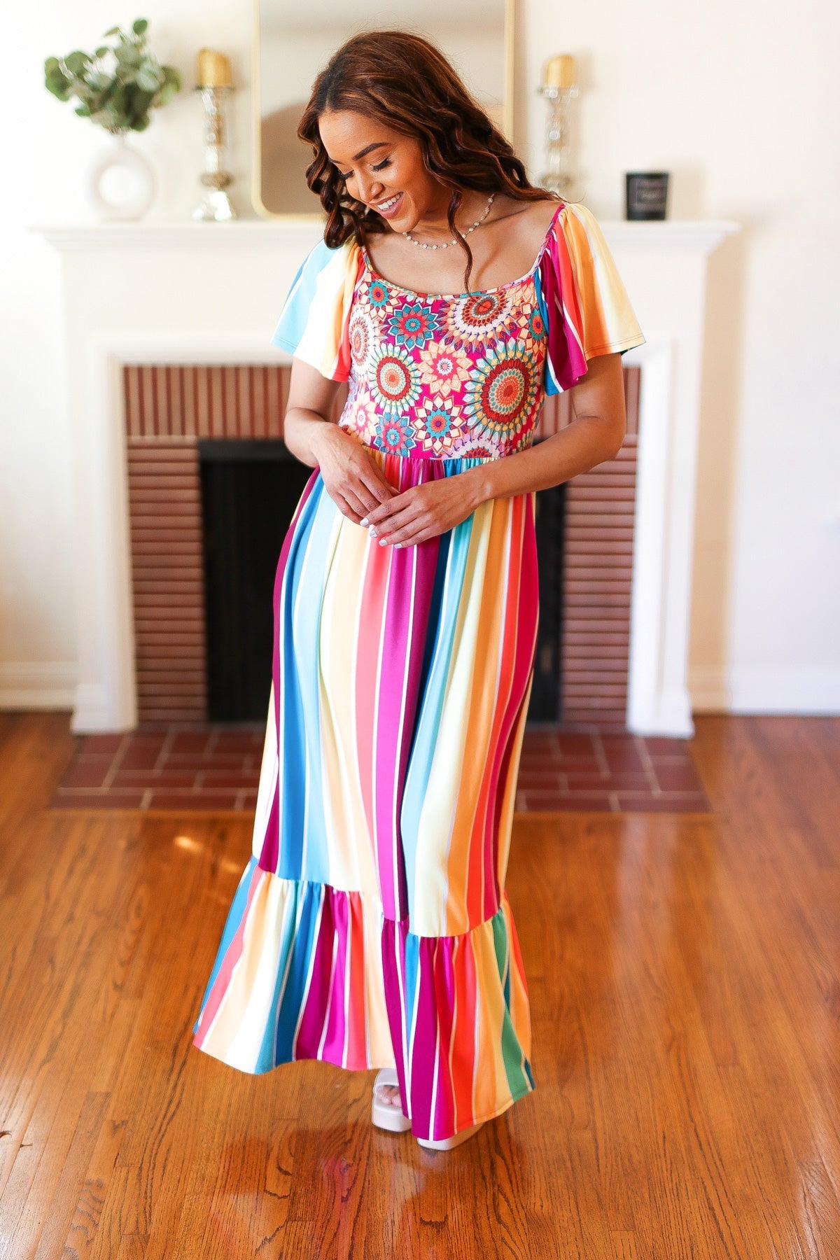 Feeling Bold Fuchsia & Teal Striped Medallion Crochet Print Top