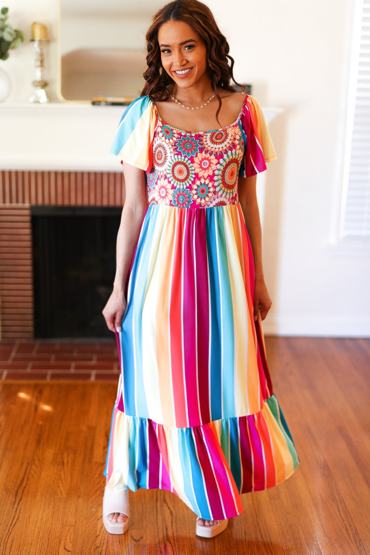 Feeling Bold Fuchsia & Teal Striped Medallion Crochet Print Top