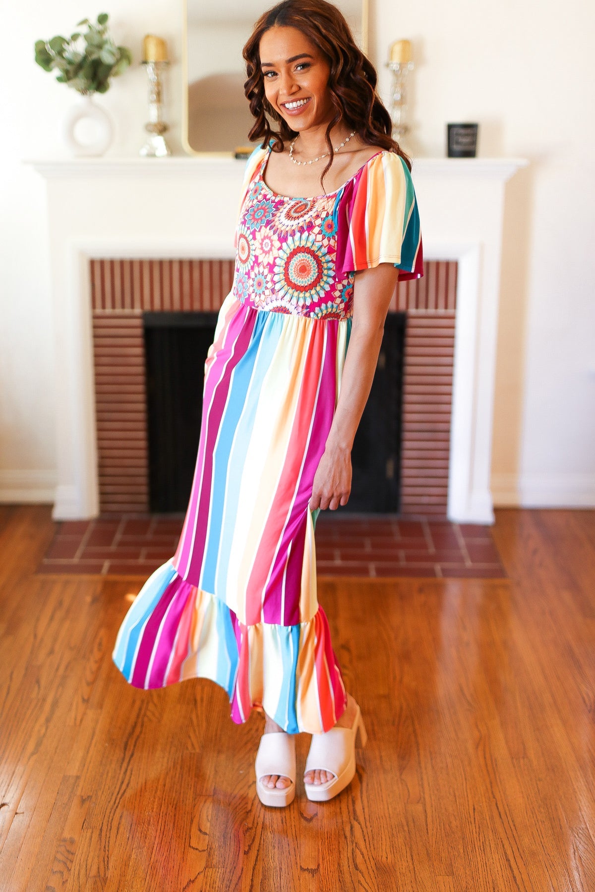 Feeling Bold Fuchsia & Teal Striped Medallion Crochet Print Top