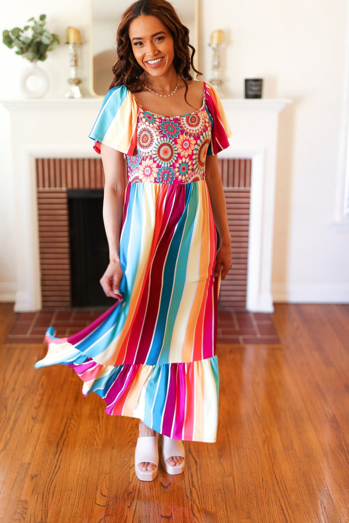 Feeling Bold Fuchsia & Teal Striped Medallion Crochet Print Top