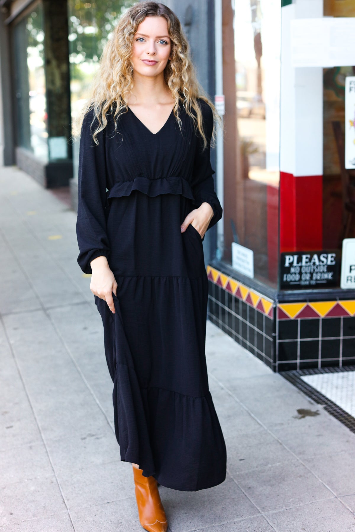 Beautiful You Black Pintuck Detail Frill V Neck Maxi Dress