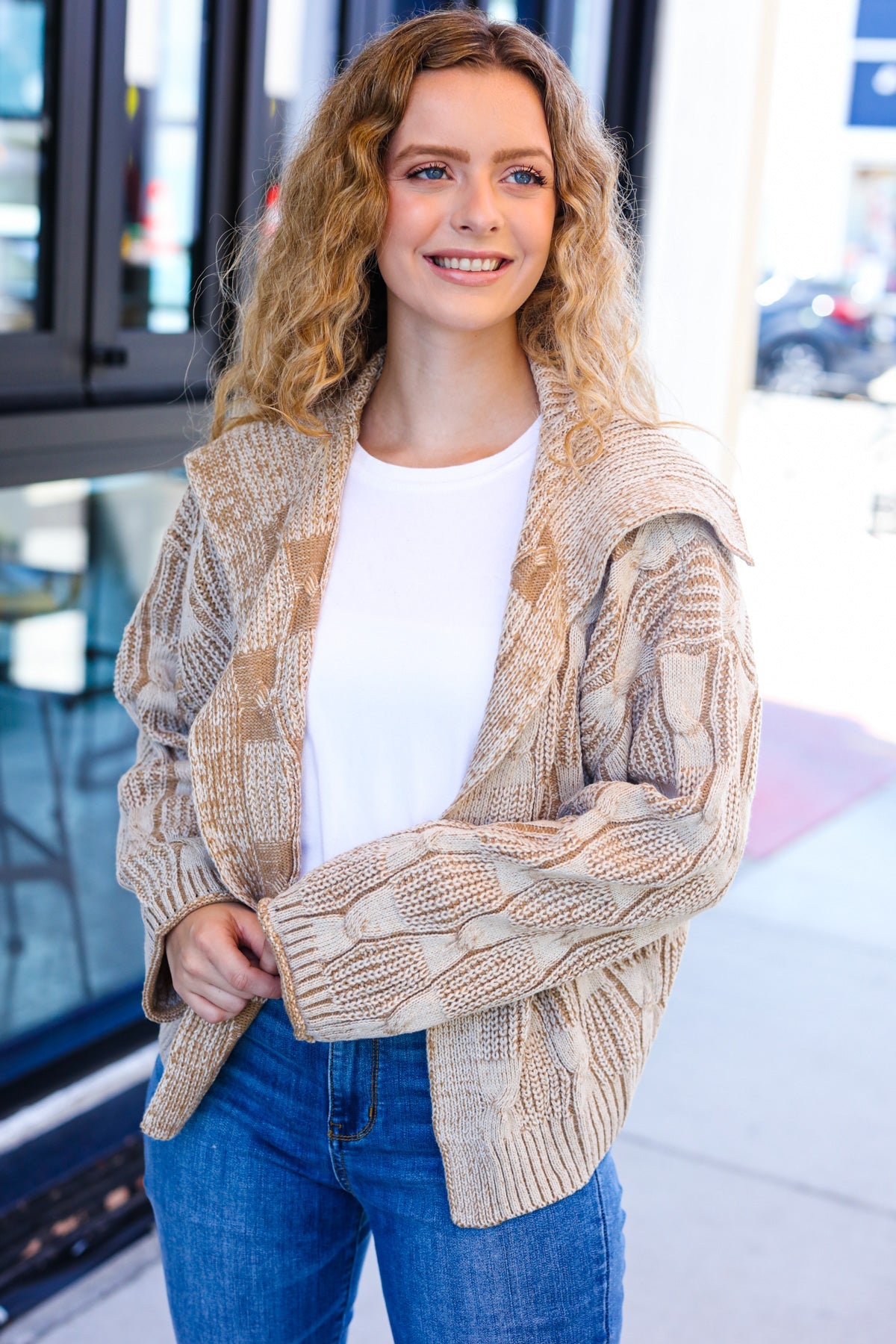 Autumn Vibes Taupe Textured Cable Knit Collared Cardigan