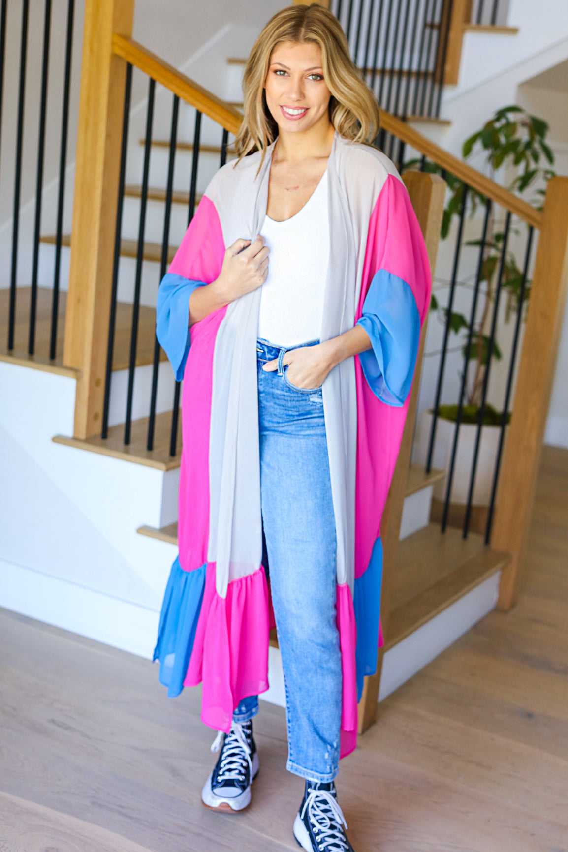 Taupe & Fuchsia Color Block Ruffle Hem Kimono