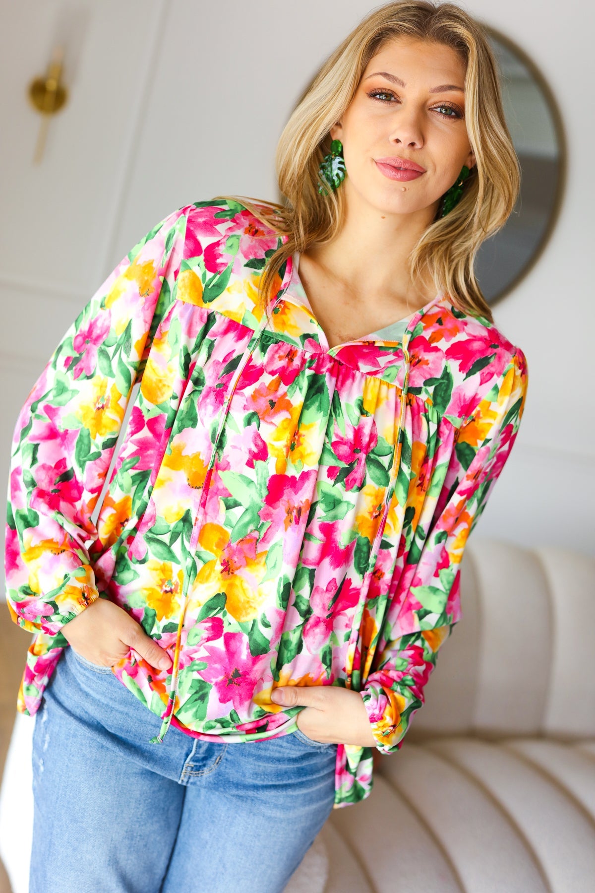 Pretty In Pink Watercolor Floral Yoke Tie Top