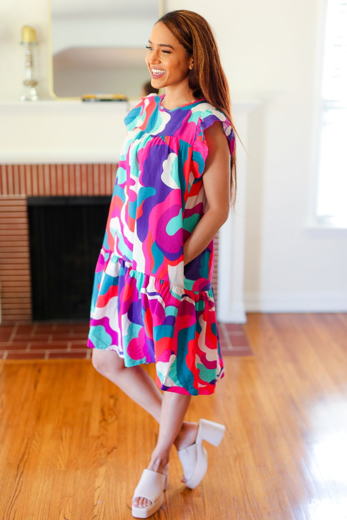 Go For Fun Fuchsia Geo Print Tiered Ruffle Sleeve Woven Dress