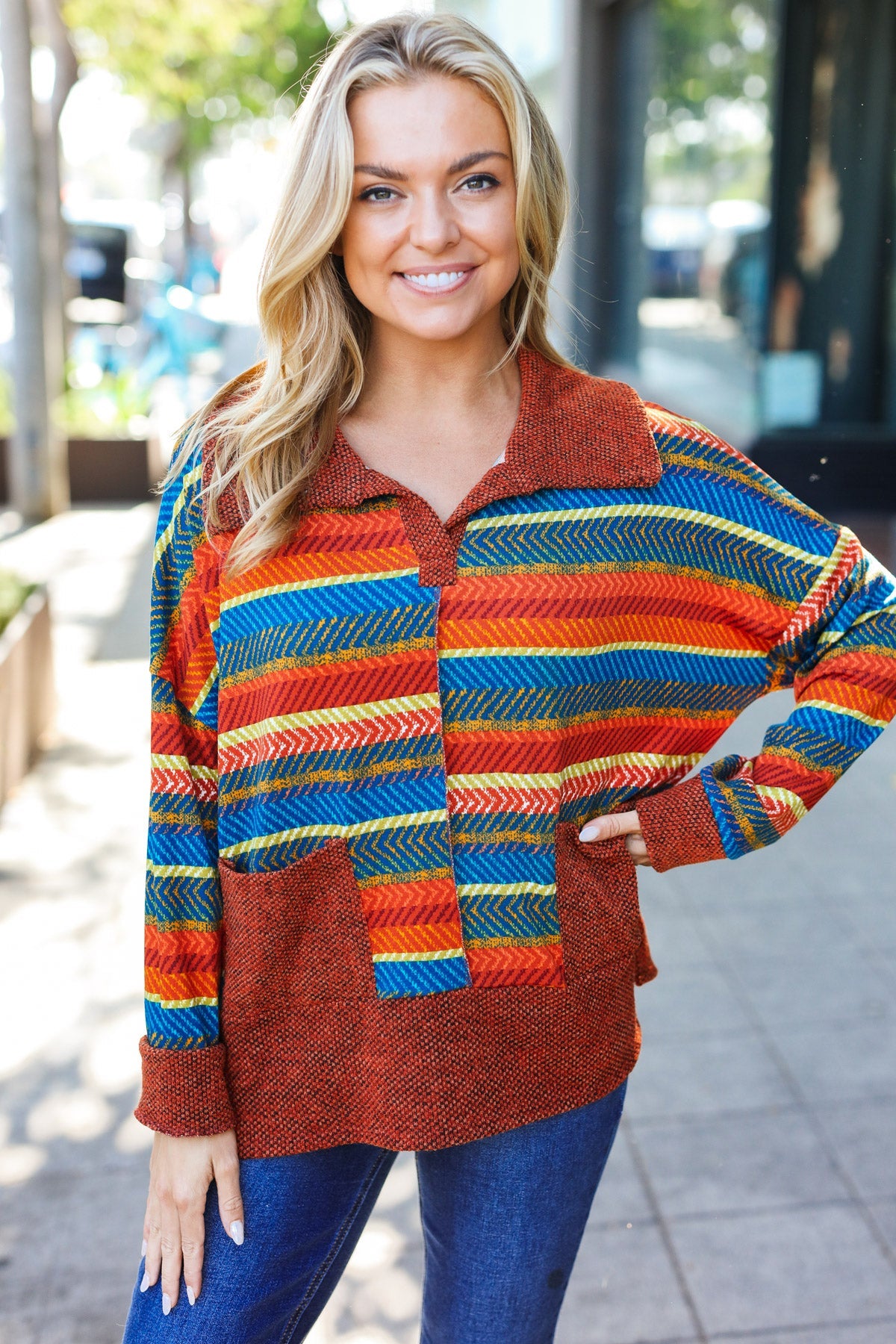 Rust & Teal Striped Two Tone Knit Pocketed Top