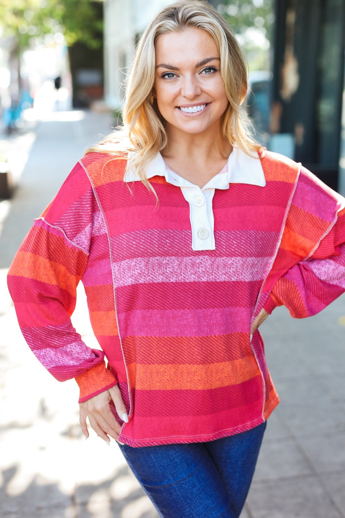 Be Bold Magenta Striped Button Down Placket Collared Top