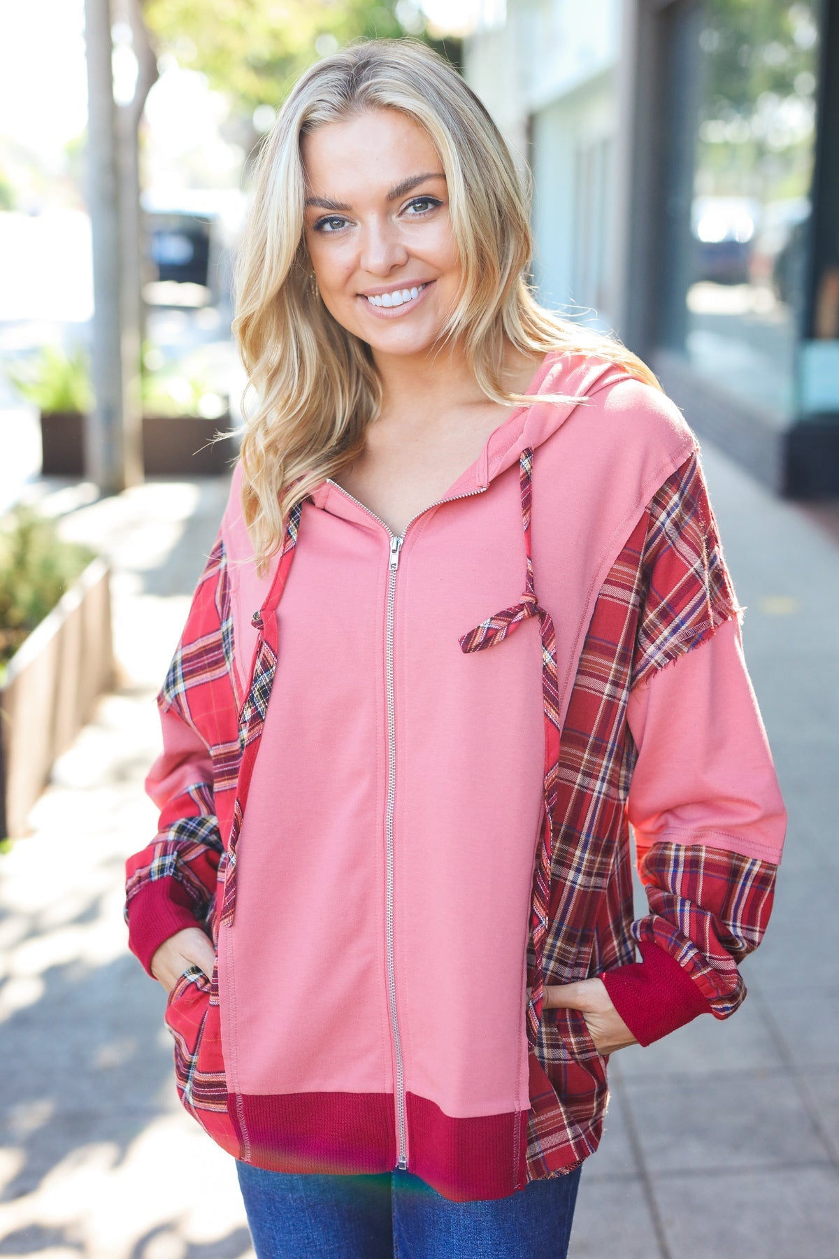 Adorable in Marsala Plaid Color Block Zipper French Terry Hoodie