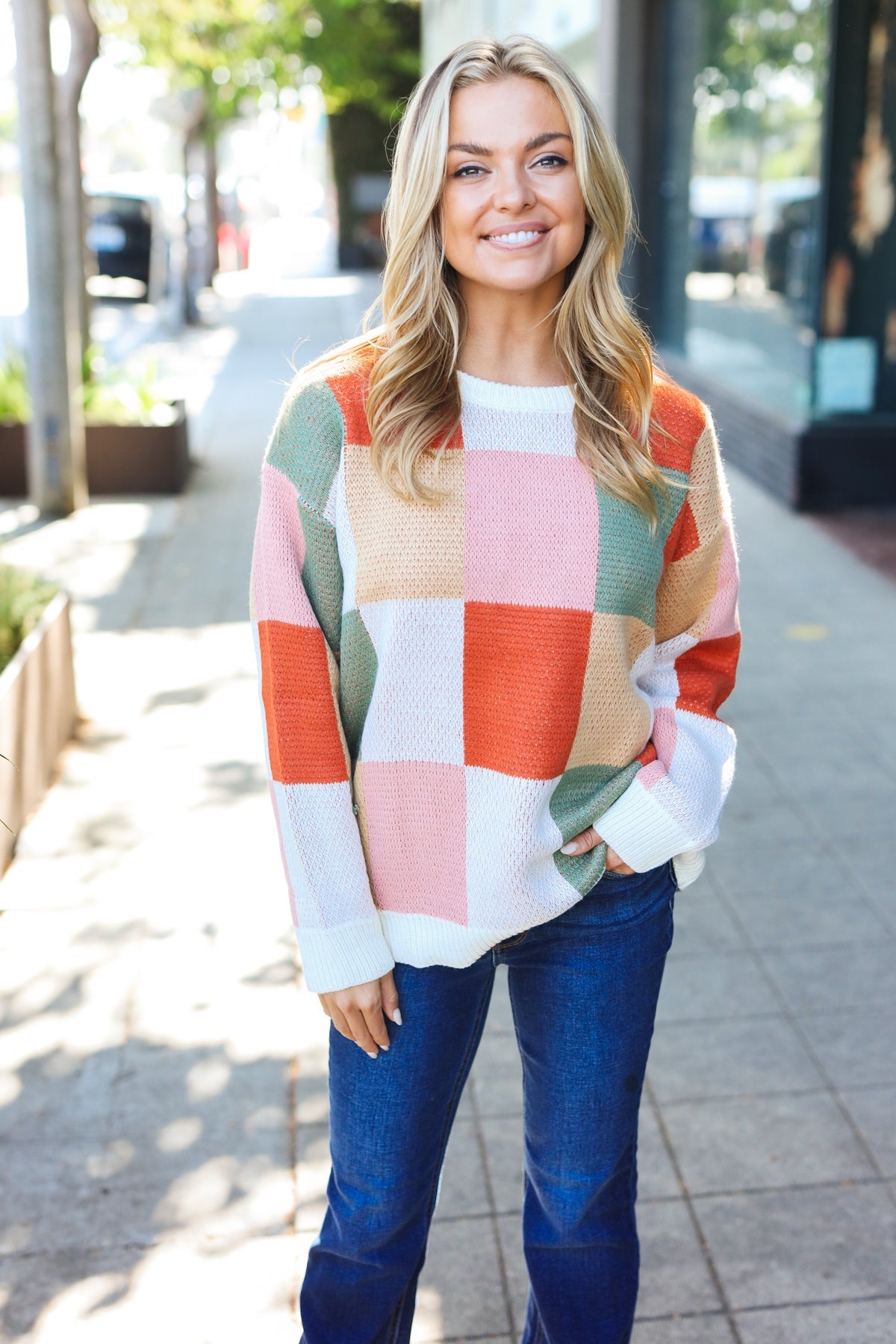 Ivory & Rust Checker Jacquard Knit Sweater