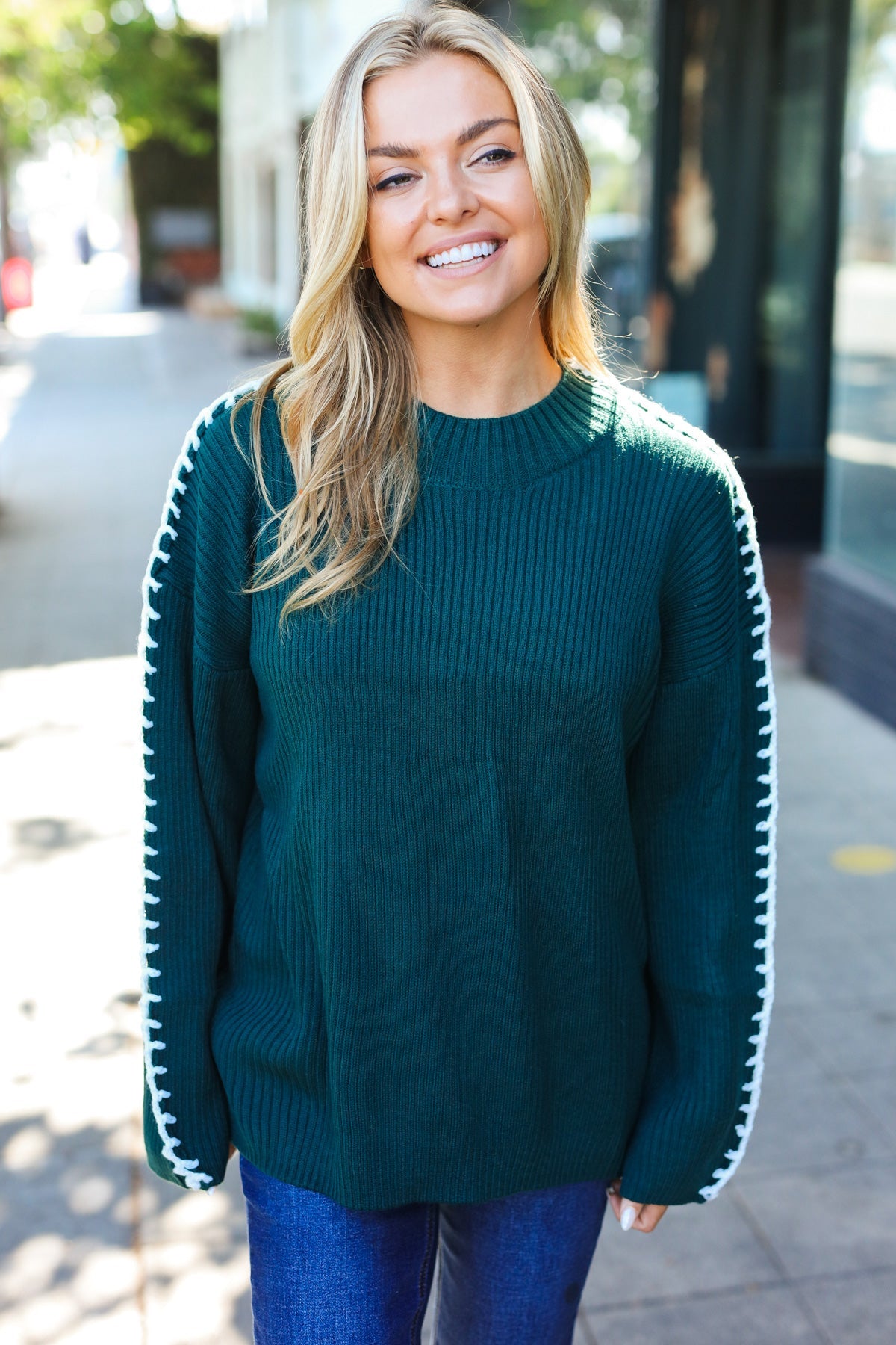 Hunter Green Rib Knit Stitch Detail Oversized Sweater