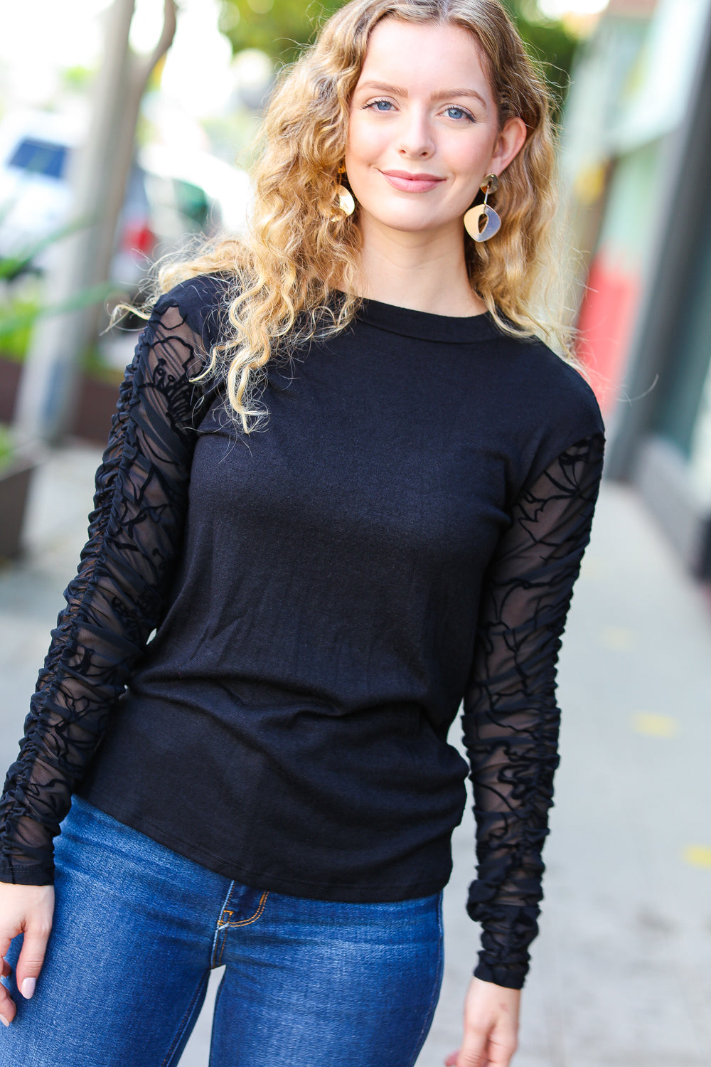 Black Shirred Velvet Mesh Long Sleeve Top