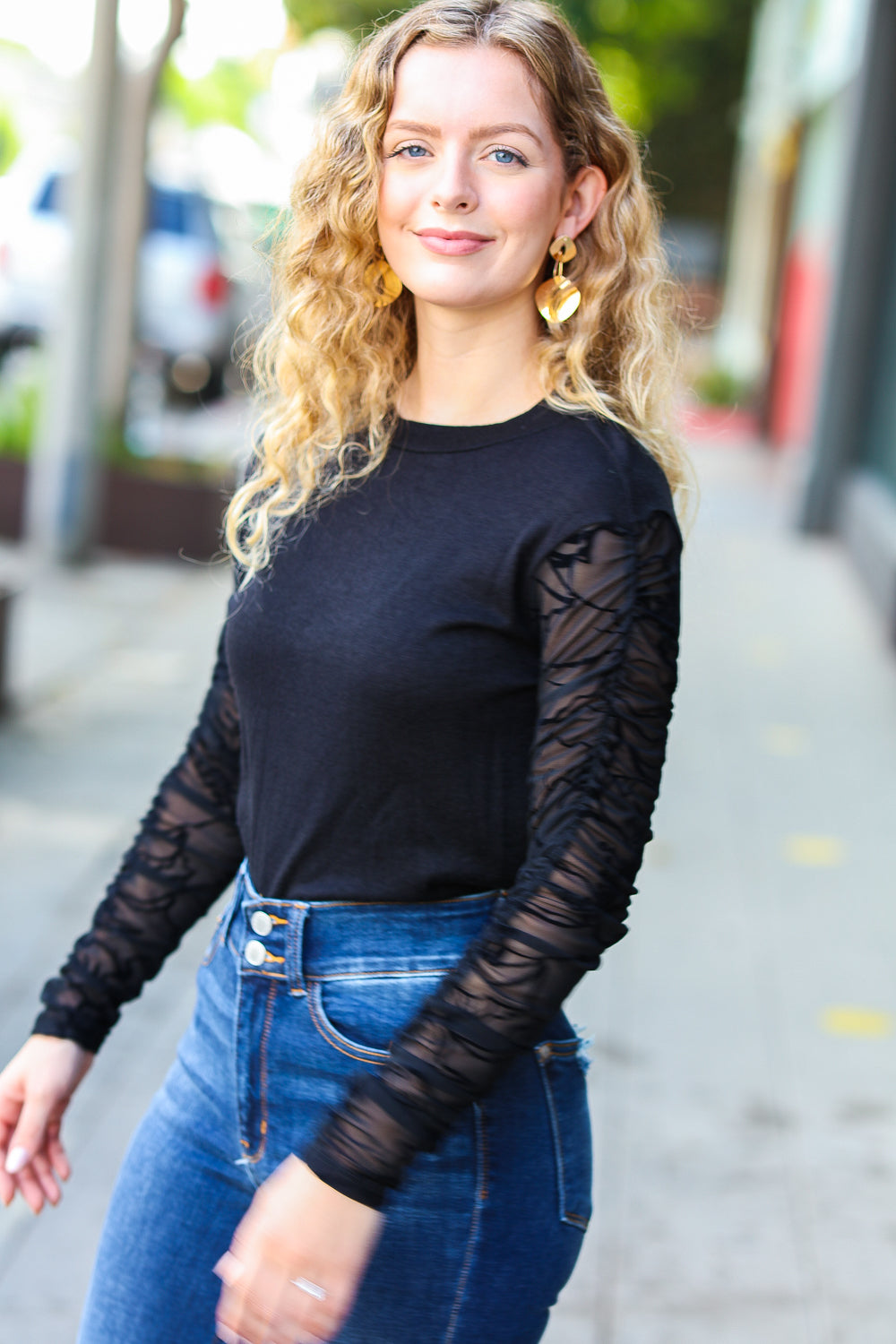 Black Shirred Velvet Mesh Long Sleeve Top