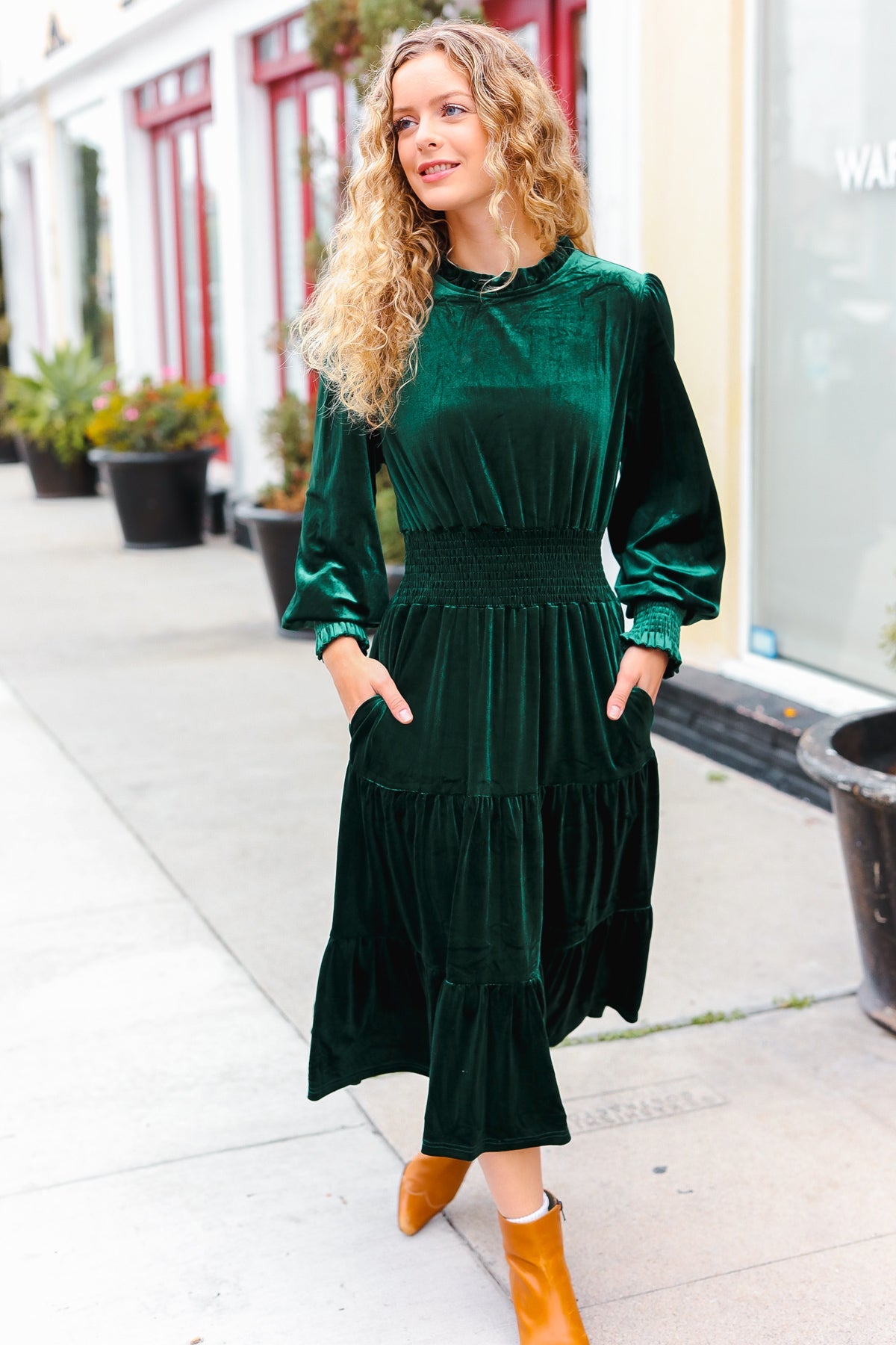 Holiday Dreaming Hunter Green Velvet Mock Neck Smocked Waist Dress