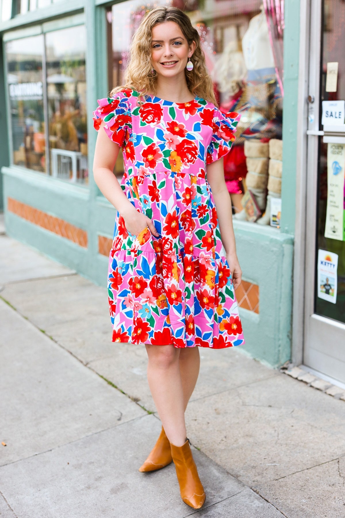 Pink Floral Smocked Ruffle Sleeve Tiered Dress