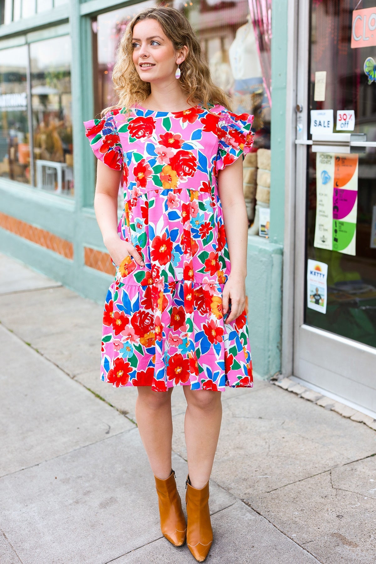 Pink Floral Smocked Ruffle Sleeve Tiered Dress