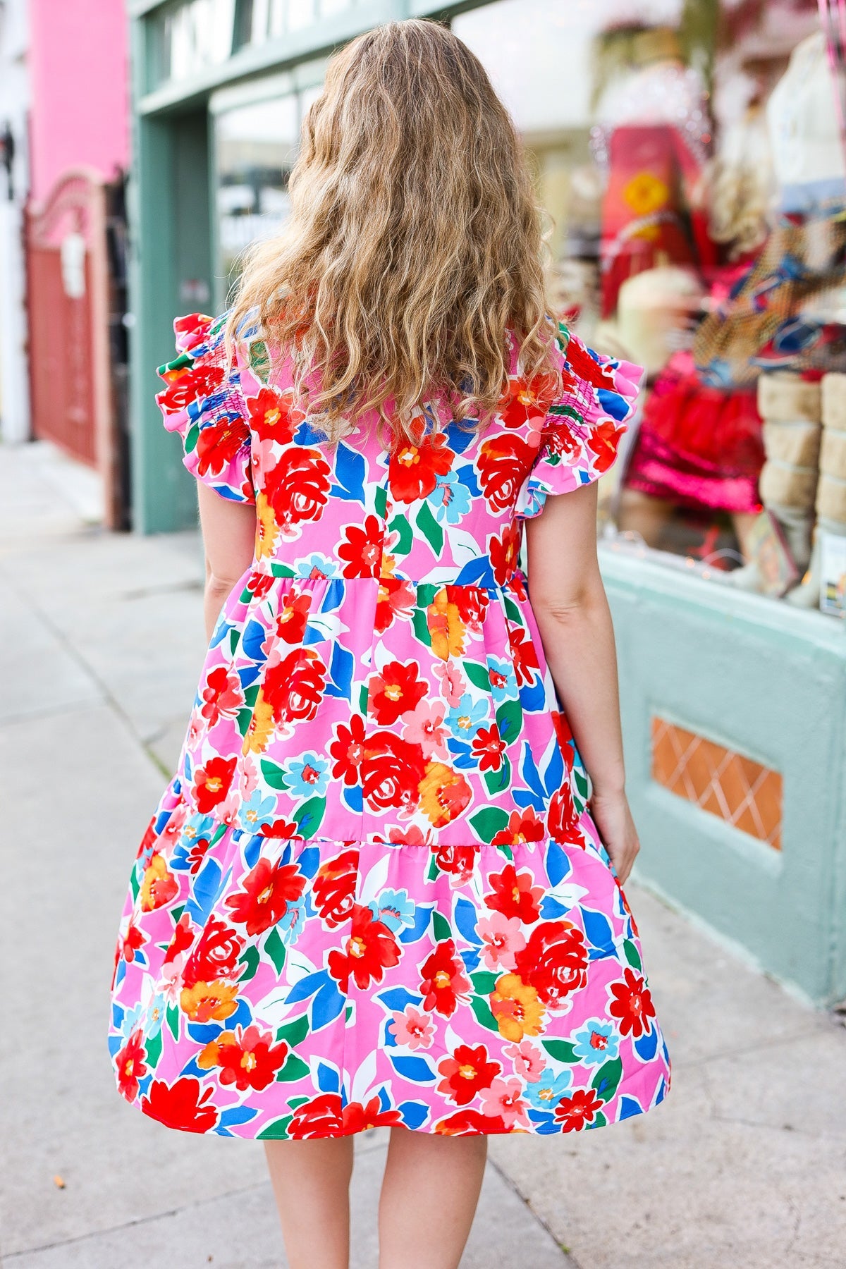 Pink Floral Smocked Ruffle Sleeve Tiered Dress