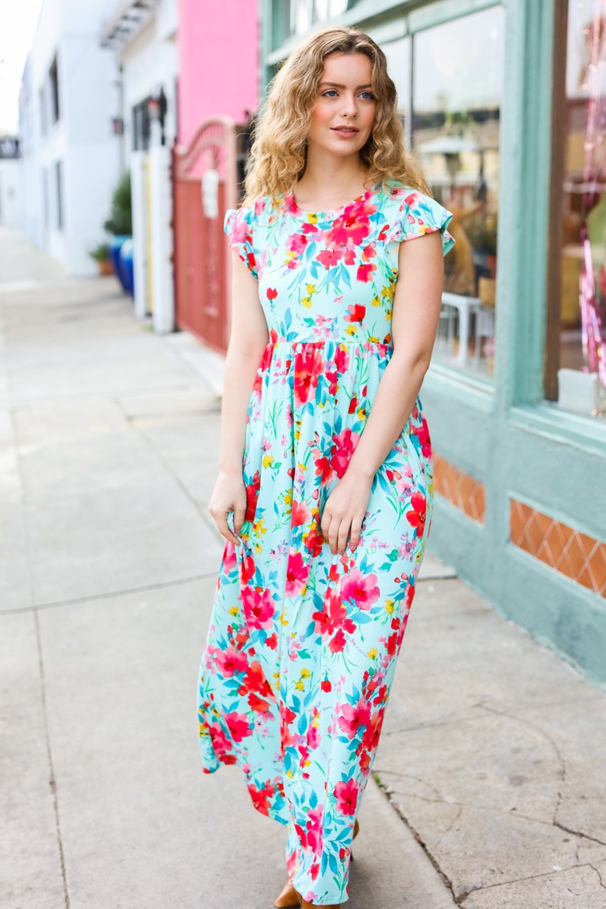 Aqua Floral Fit & Flare Maxi Dress