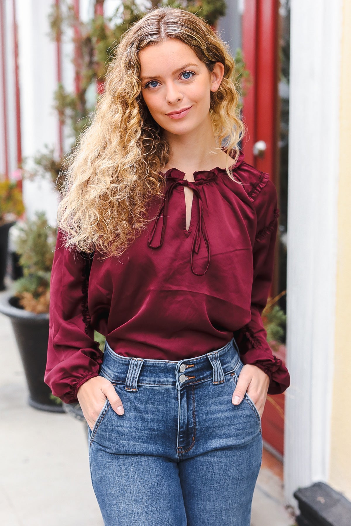 Holiday Vibes Burgundy Frill Detail Tie Neck Satin Top