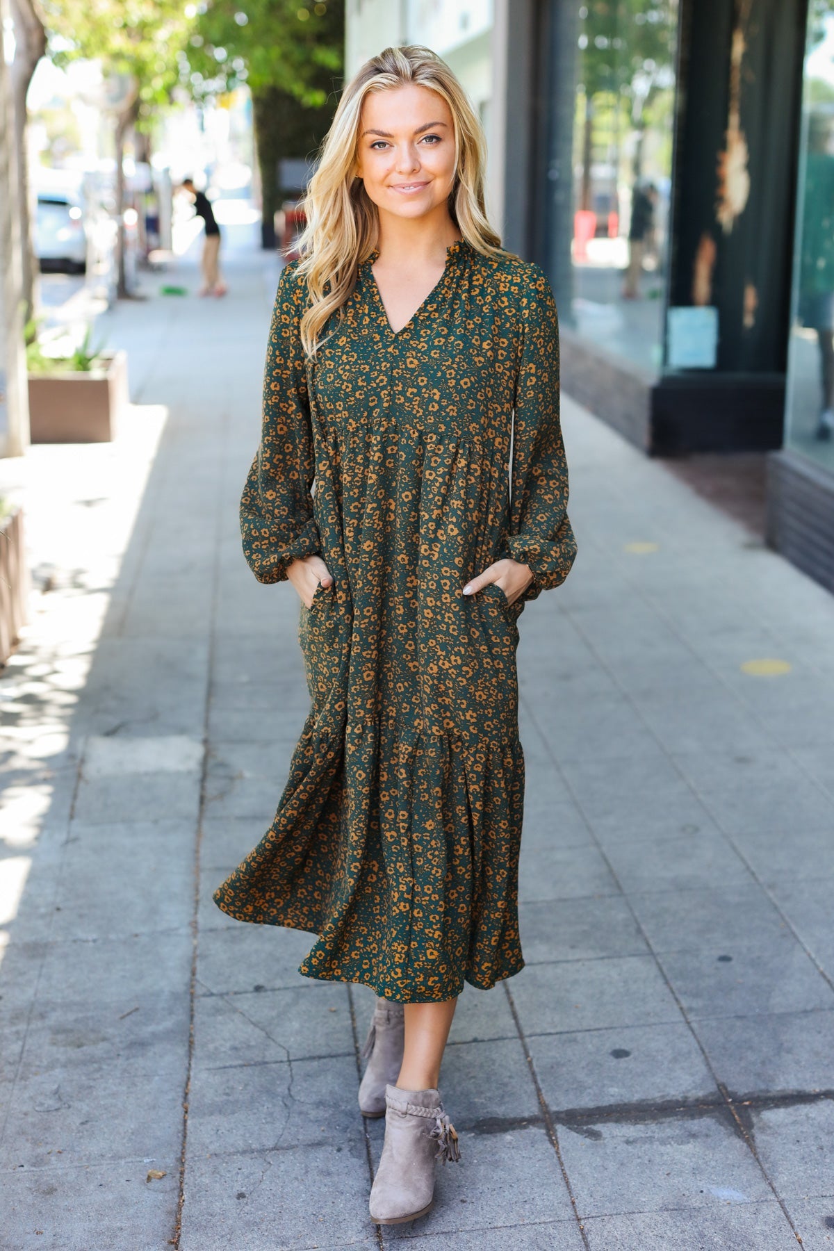 Hunter Green Floral Print Notched Neck Tiered Maxi Dress