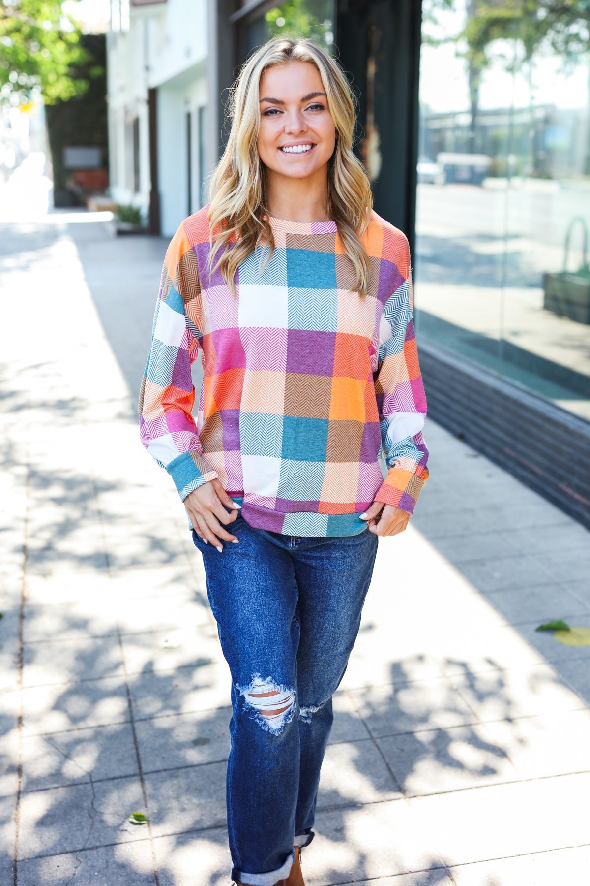 Charming Berry Plaid Checker Print Hacci Sweater Top