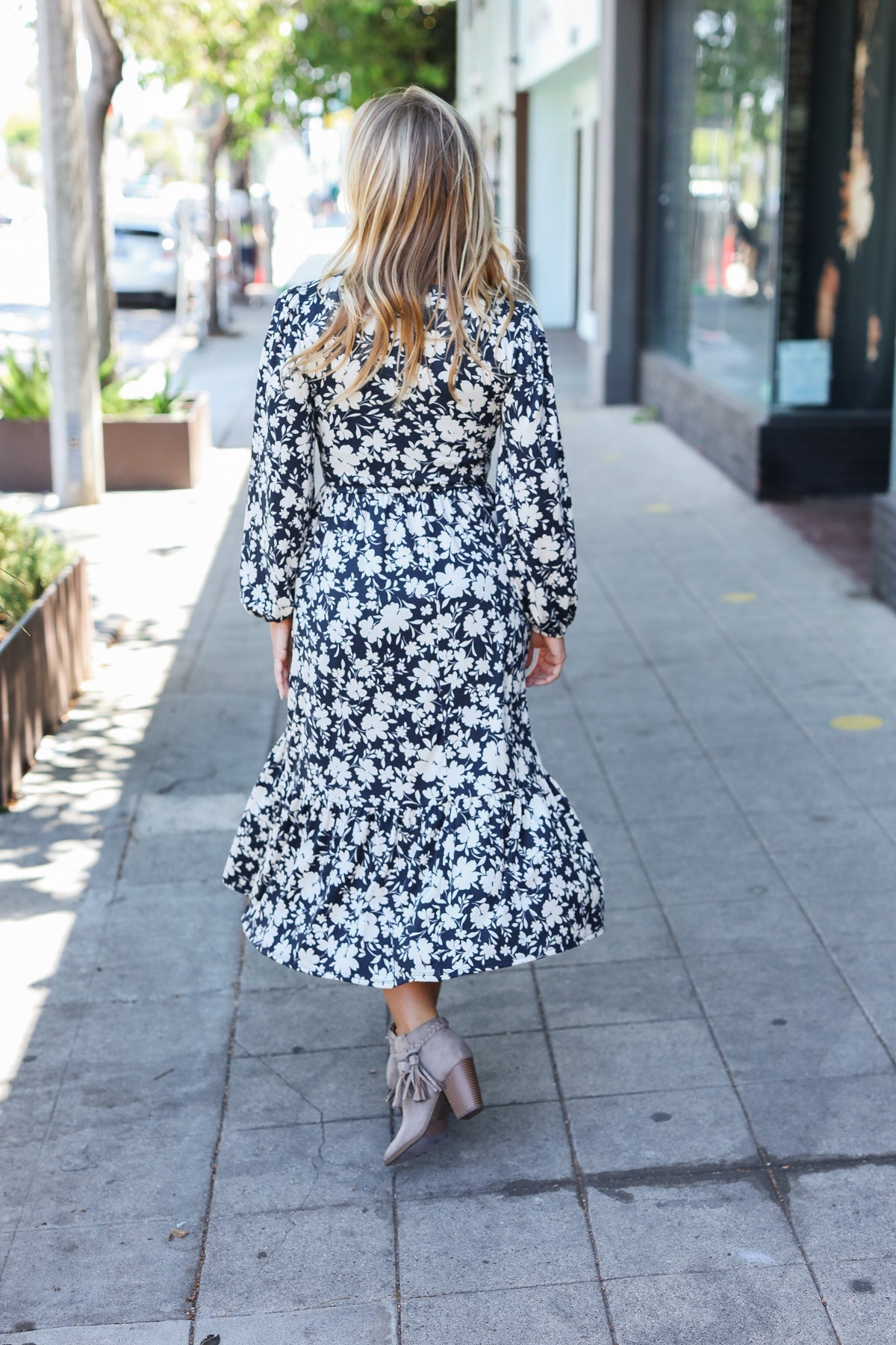 Autumn Vibes Charcoal Vintage Floral V Neck Ruffle Hem Midi Dress