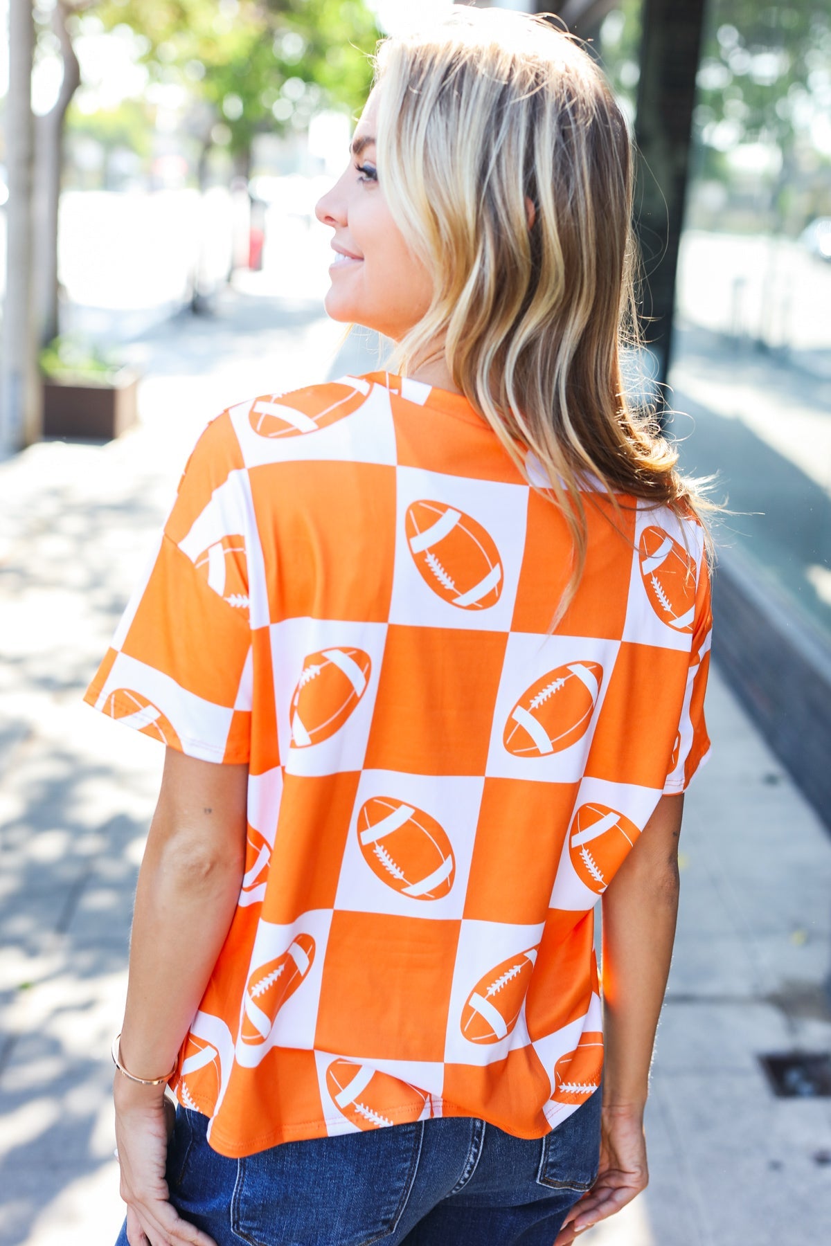 Turn Up The Volume Orange Football Checker Top