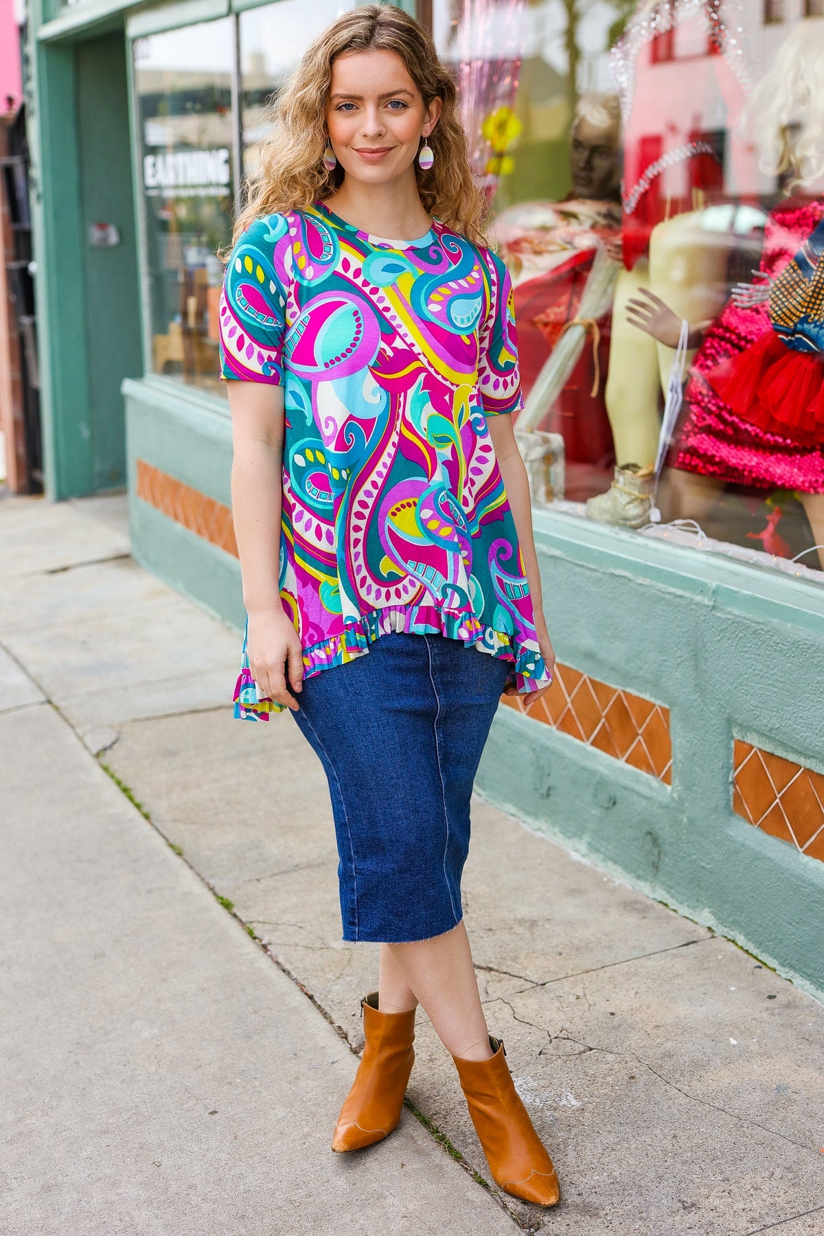 Purple & Teal Paisley Ruffle Hem Tunic Top