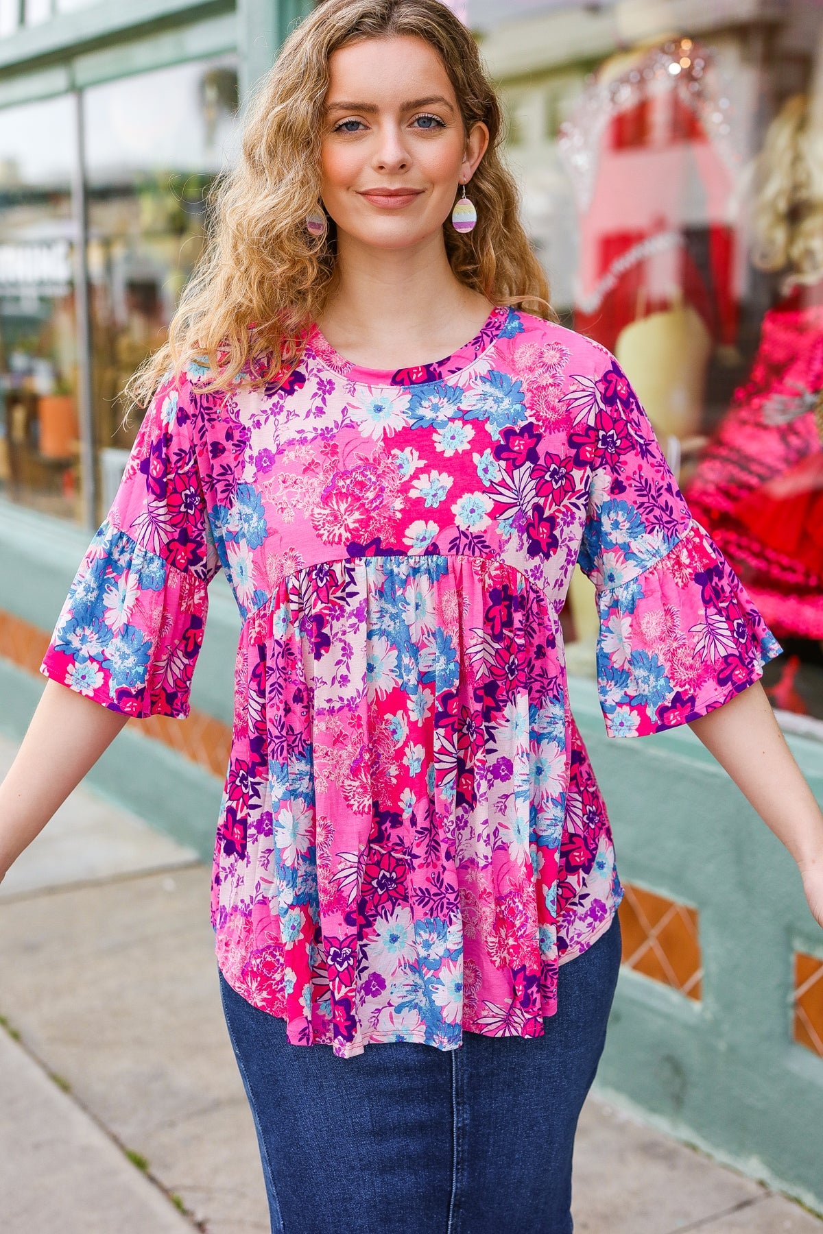 Pink & Blue Floral Print Babydoll Bell Sleeve Top