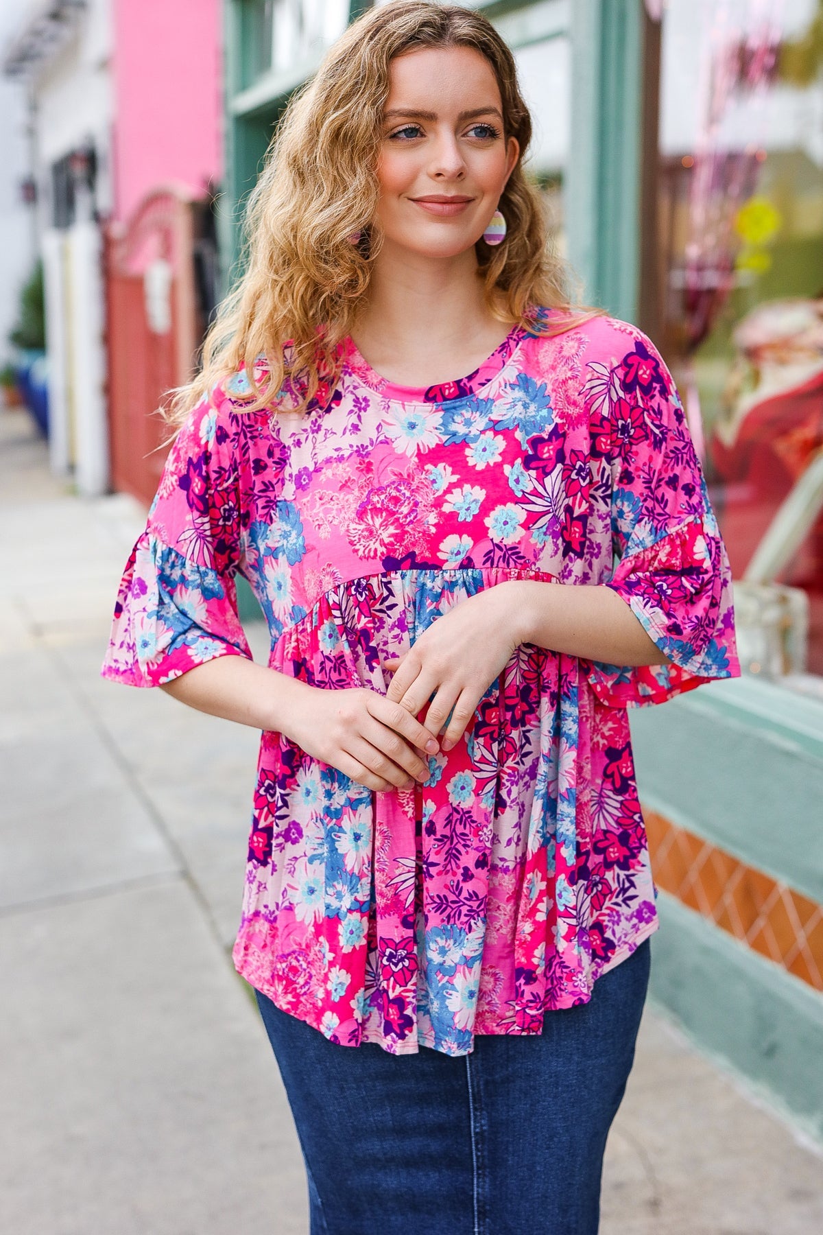 Pink & Blue Floral Print Babydoll Bell Sleeve Top