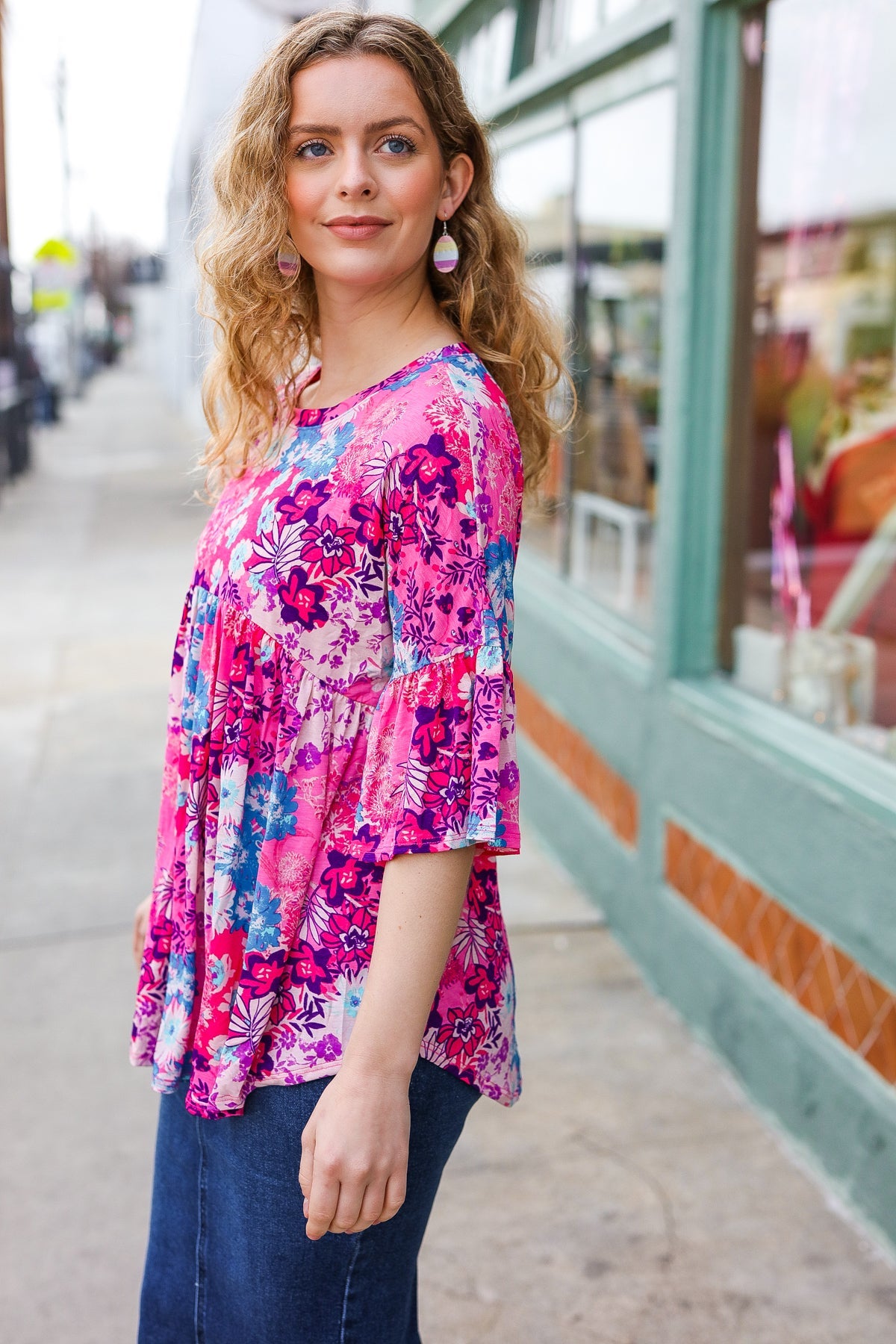 Pink & Blue Floral Print Babydoll Bell Sleeve Top