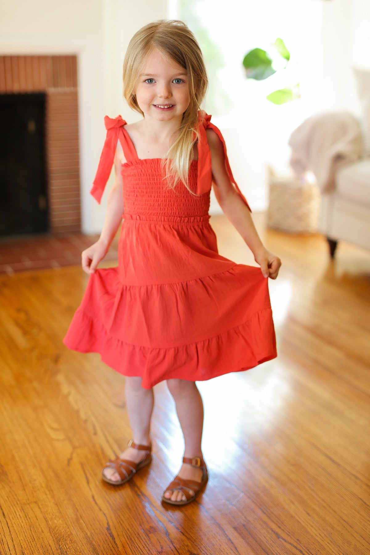 Darling Paprika Crepe Tiered Smocked Shoulder Tie Dress