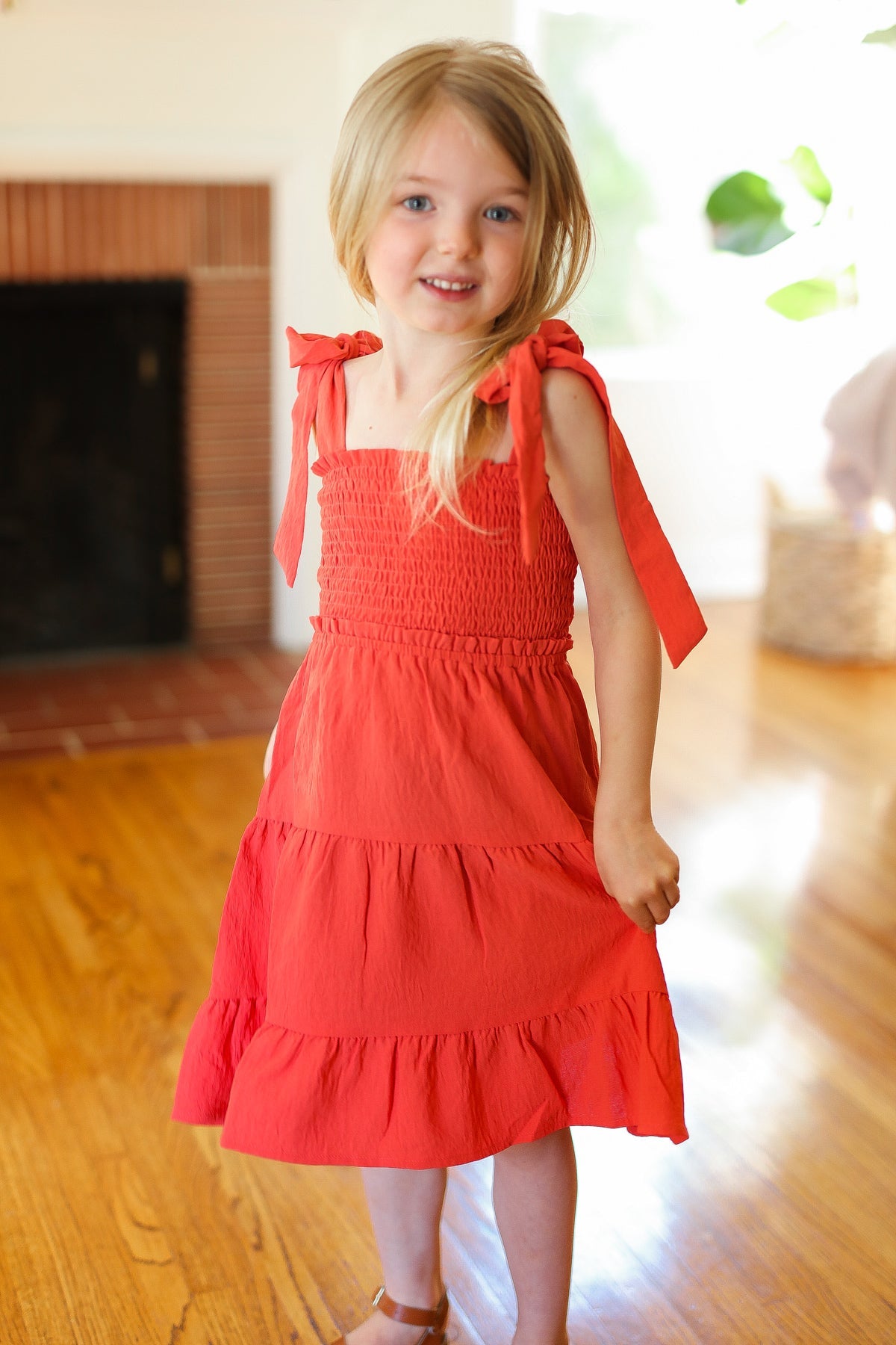 Darling Paprika Crepe Tiered Smocked Shoulder Tie Dress