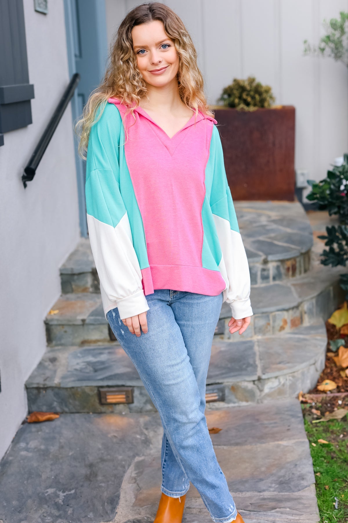 Stand Out Hot Pink & Mint V Neck Collared Terry Color Block Top