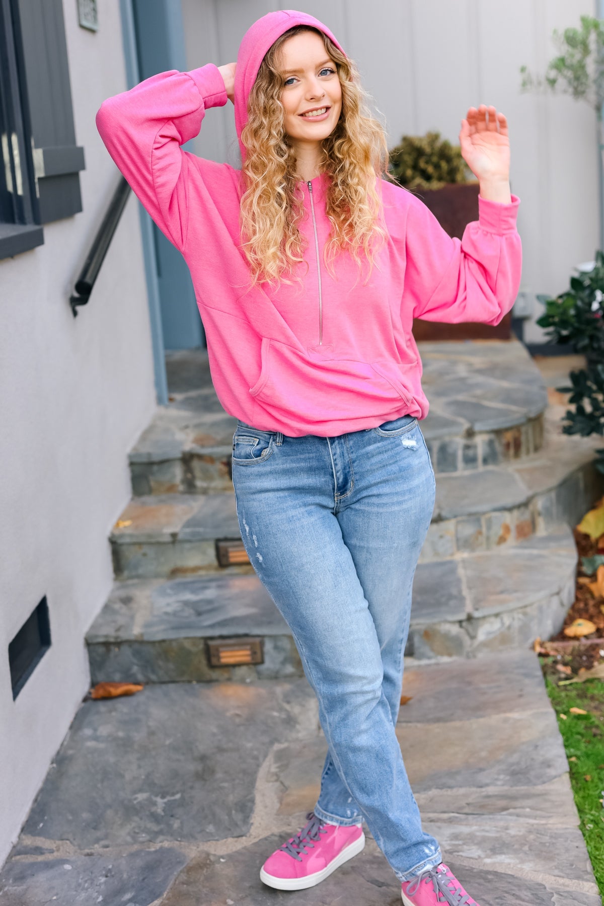 Ready to Relax Hot Pink Half Zip French Terry Hoodie