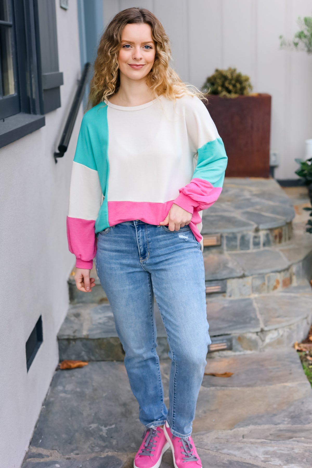 The Slouchy Mint & Pink Drop Shoulder Terry Color Block Top