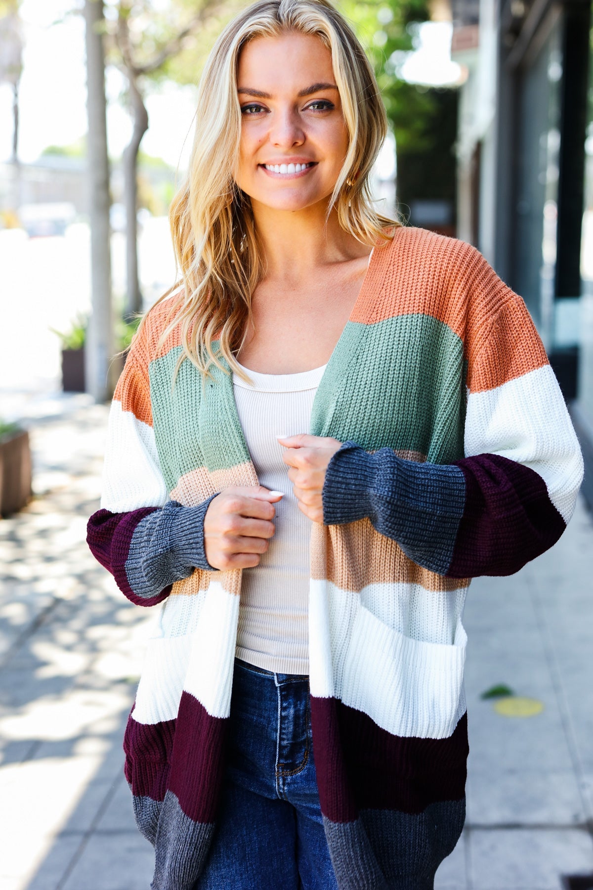 Put Together Plum & Olive Color Block Open Cardigan